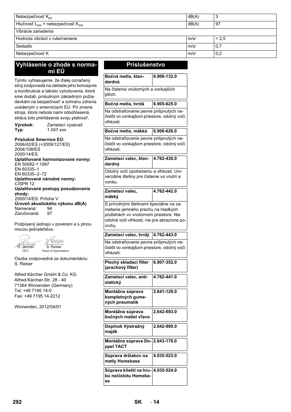 Vyhlásenie o zhode s norma- mi eú, Príslušenstvo | Karcher KM 90-60 R P Advanced User Manual | Page 292 / 397