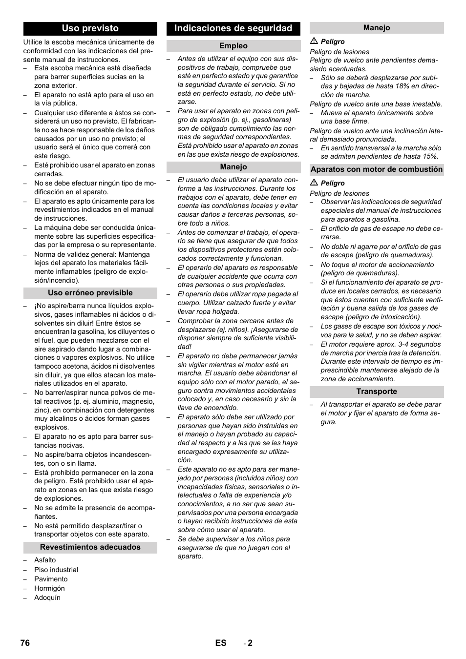Uso previsto, Indicaciones de seguridad | Karcher KM 90-60 R P Advanced User Manual | Page 76 / 397