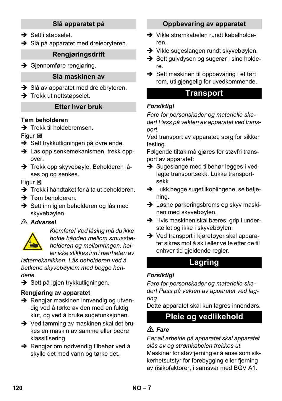 Transport lagring pleie og vedlikehold | Karcher IVC 60-12-1 Ec H Z22 User Manual | Page 120 / 372