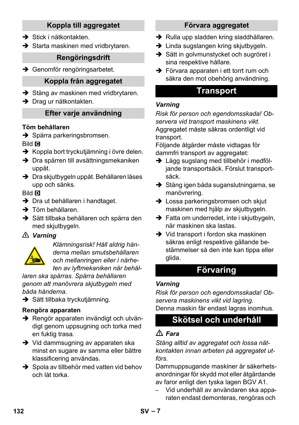 Transport förvaring skötsel och underhåll | Karcher IVC 60-12-1 Ec H Z22 User Manual | Page 132 / 372