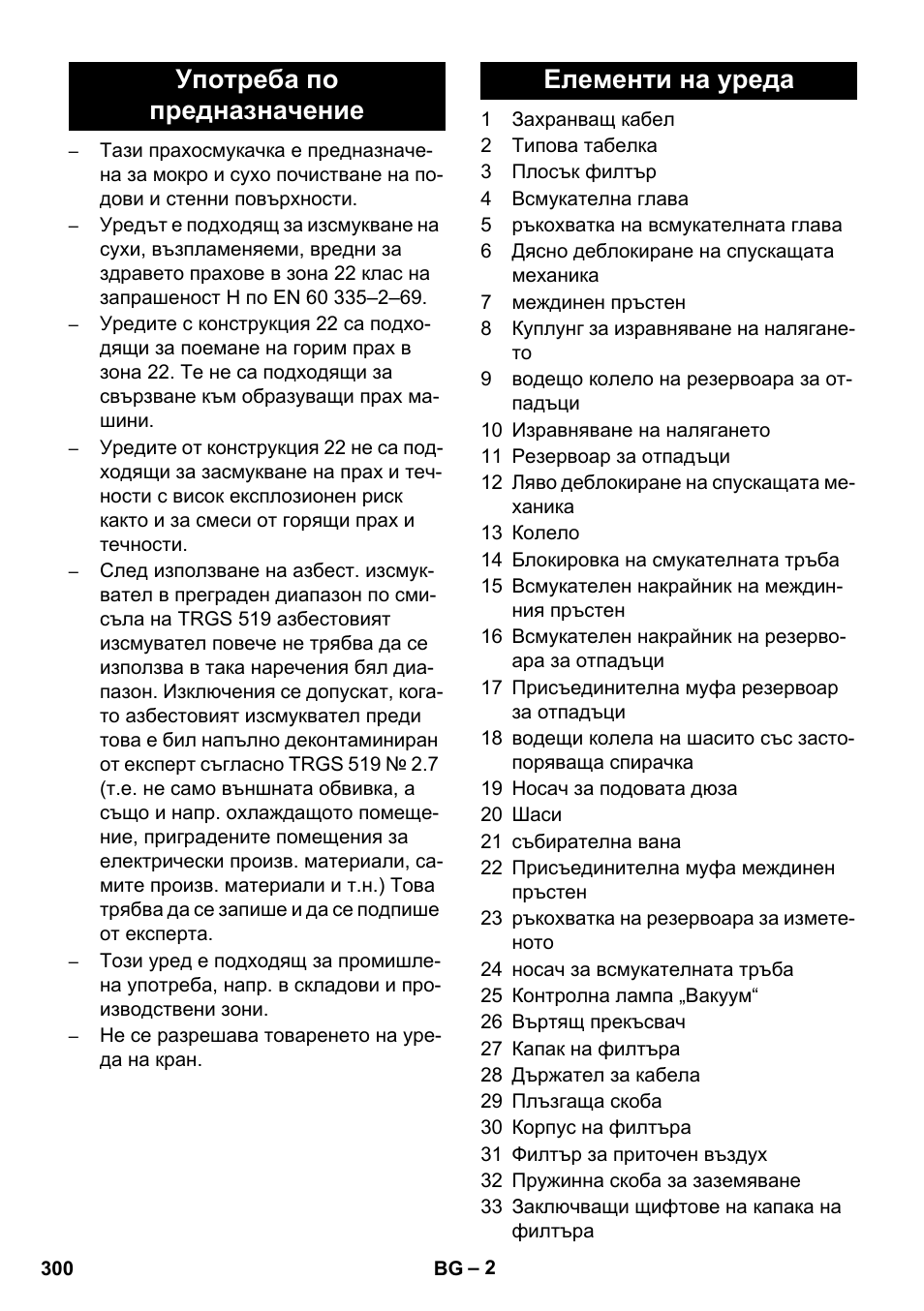 Употреба по предназначение елементи на уреда | Karcher IVC 60-12-1 Ec H Z22 User Manual | Page 300 / 372