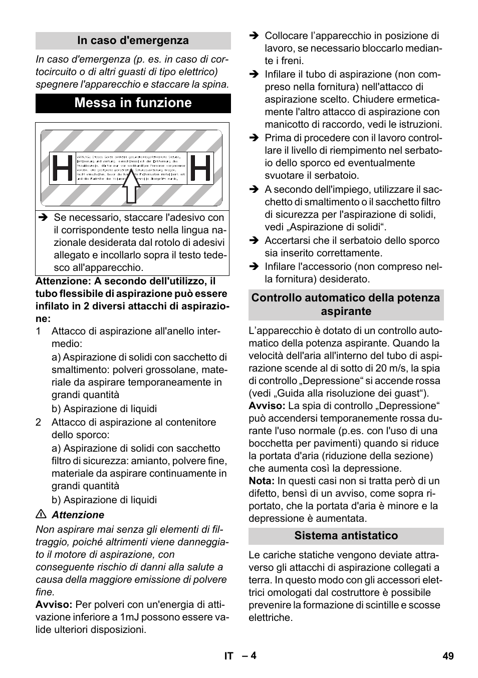 Messa in funzione | Karcher IVC 60-12-1 Ec H Z22 User Manual | Page 49 / 372