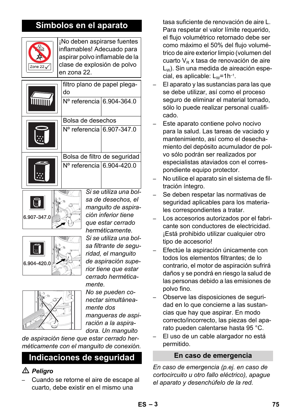 Símbolos en el aparato, Indicaciones de seguridad | Karcher IVC 60-12-1 Ec H Z22 User Manual | Page 75 / 372