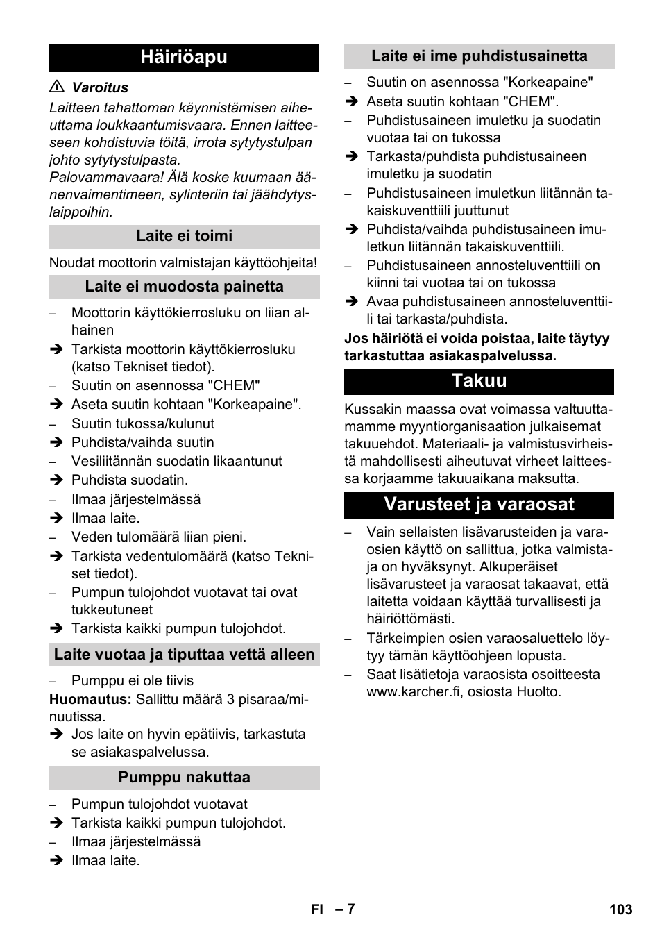 Häiriöapu, Takuu varusteet ja varaosat | Karcher HD 1050 B User Manual | Page 103 / 270
