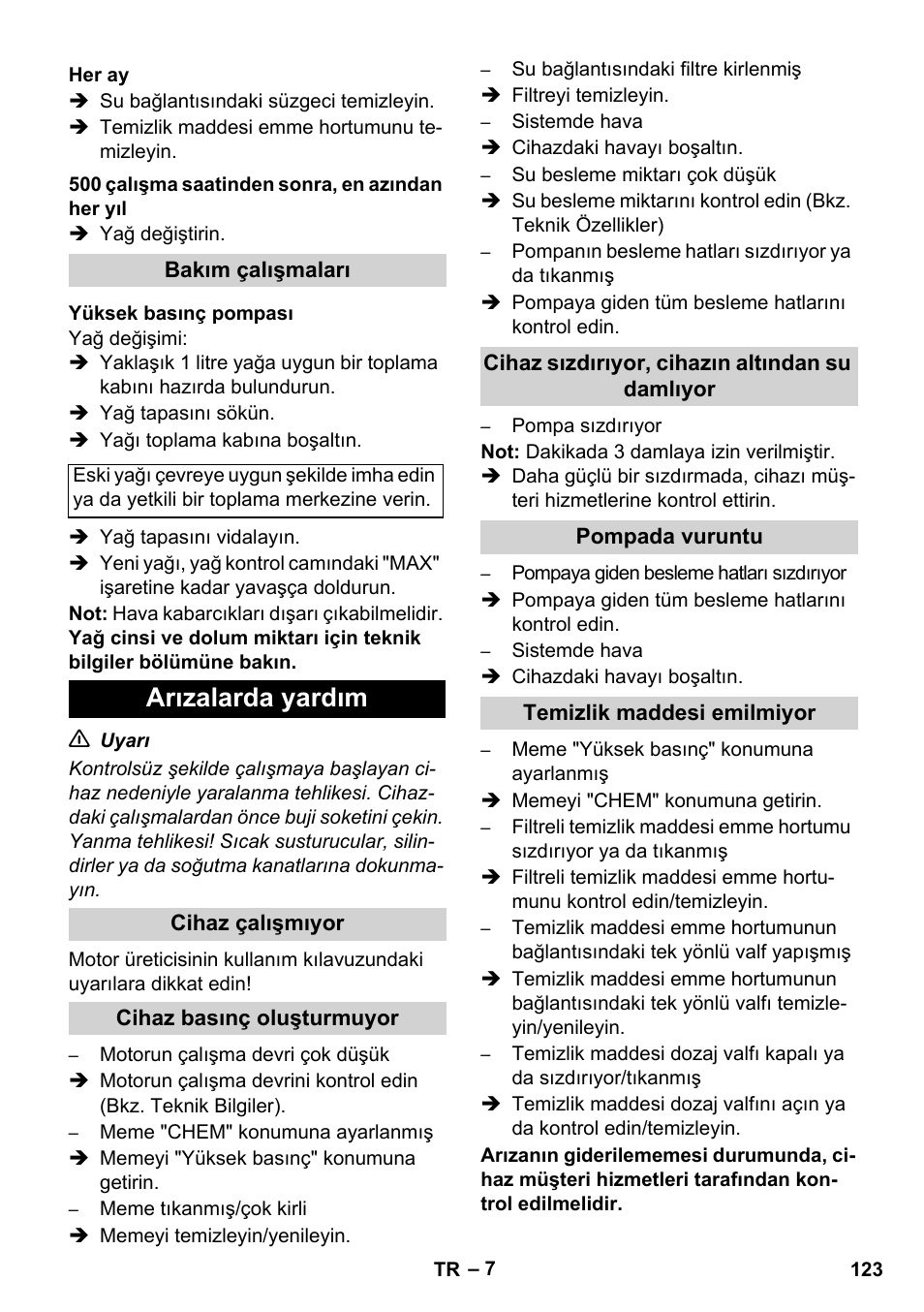 Arızalarda yardım | Karcher HD 1050 B User Manual | Page 123 / 270