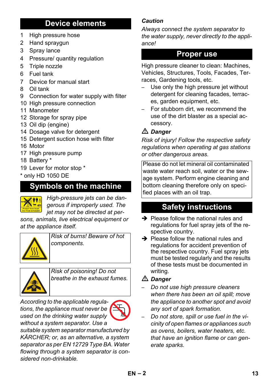 Device elements symbols on the machine, Proper use, Safety instructions | Karcher HD 1050 B User Manual | Page 13 / 270