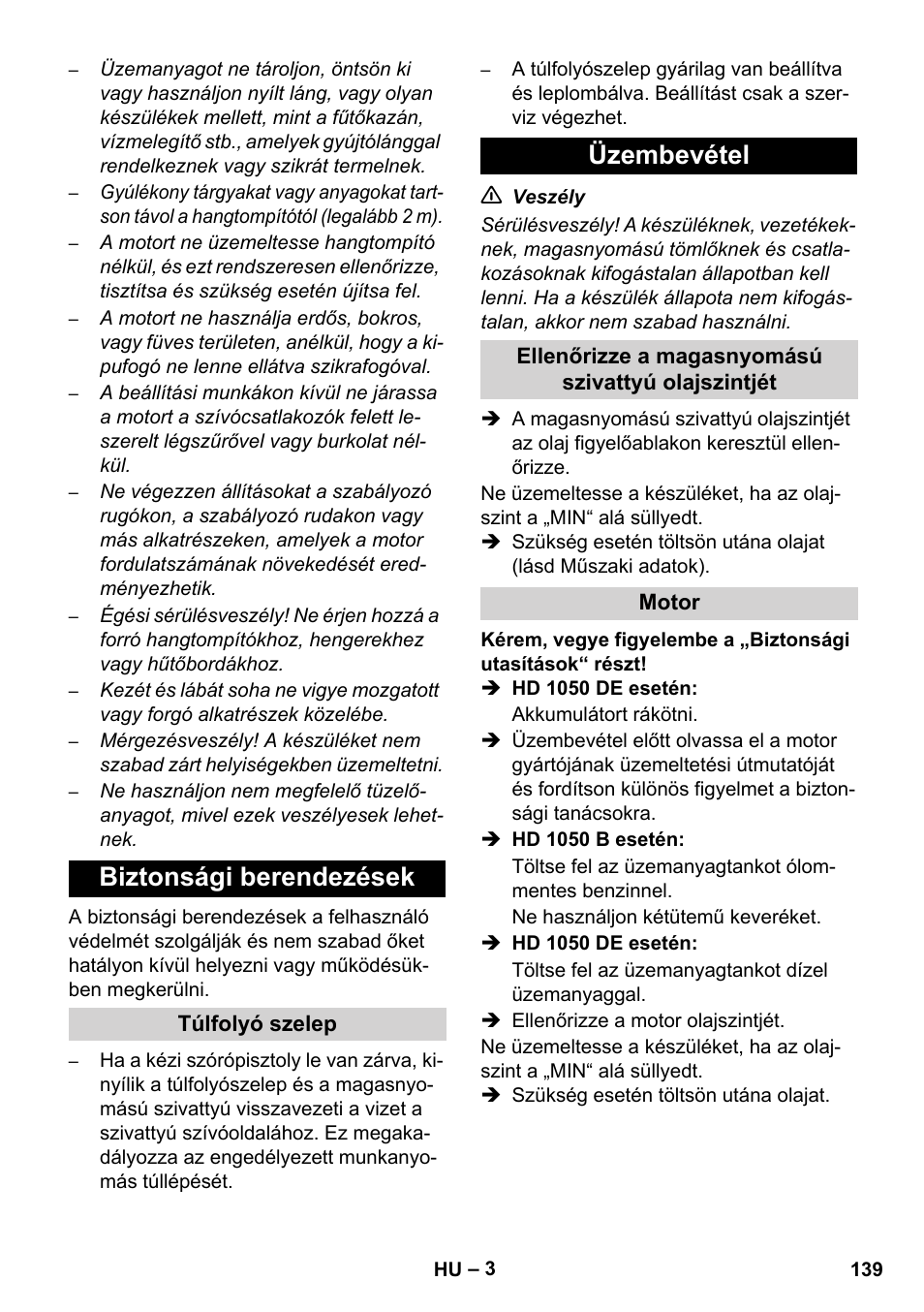 Biztonsági berendezések, Üzembevétel | Karcher HD 1050 B User Manual | Page 139 / 270