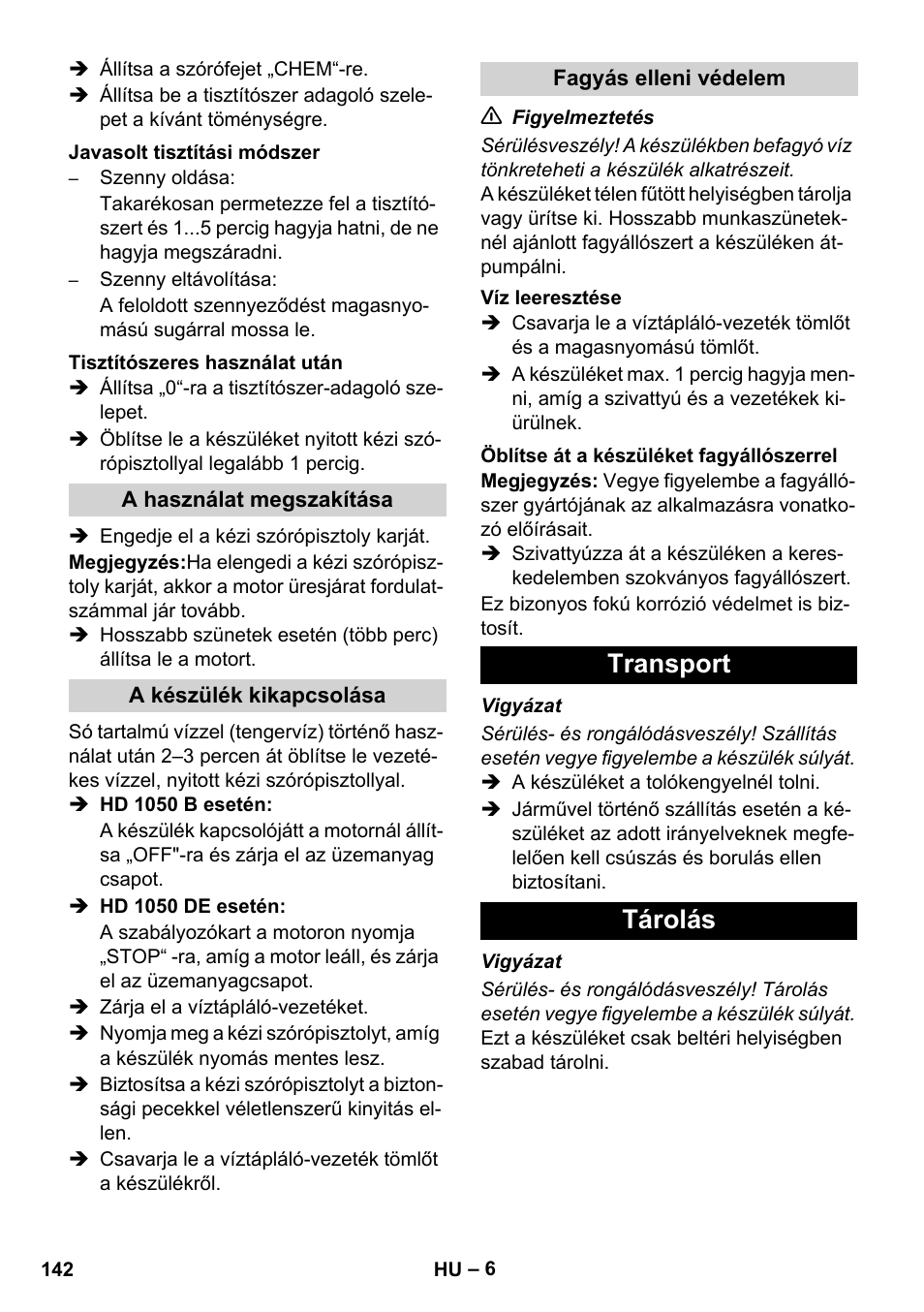 Transport tárolás | Karcher HD 1050 B User Manual | Page 142 / 270