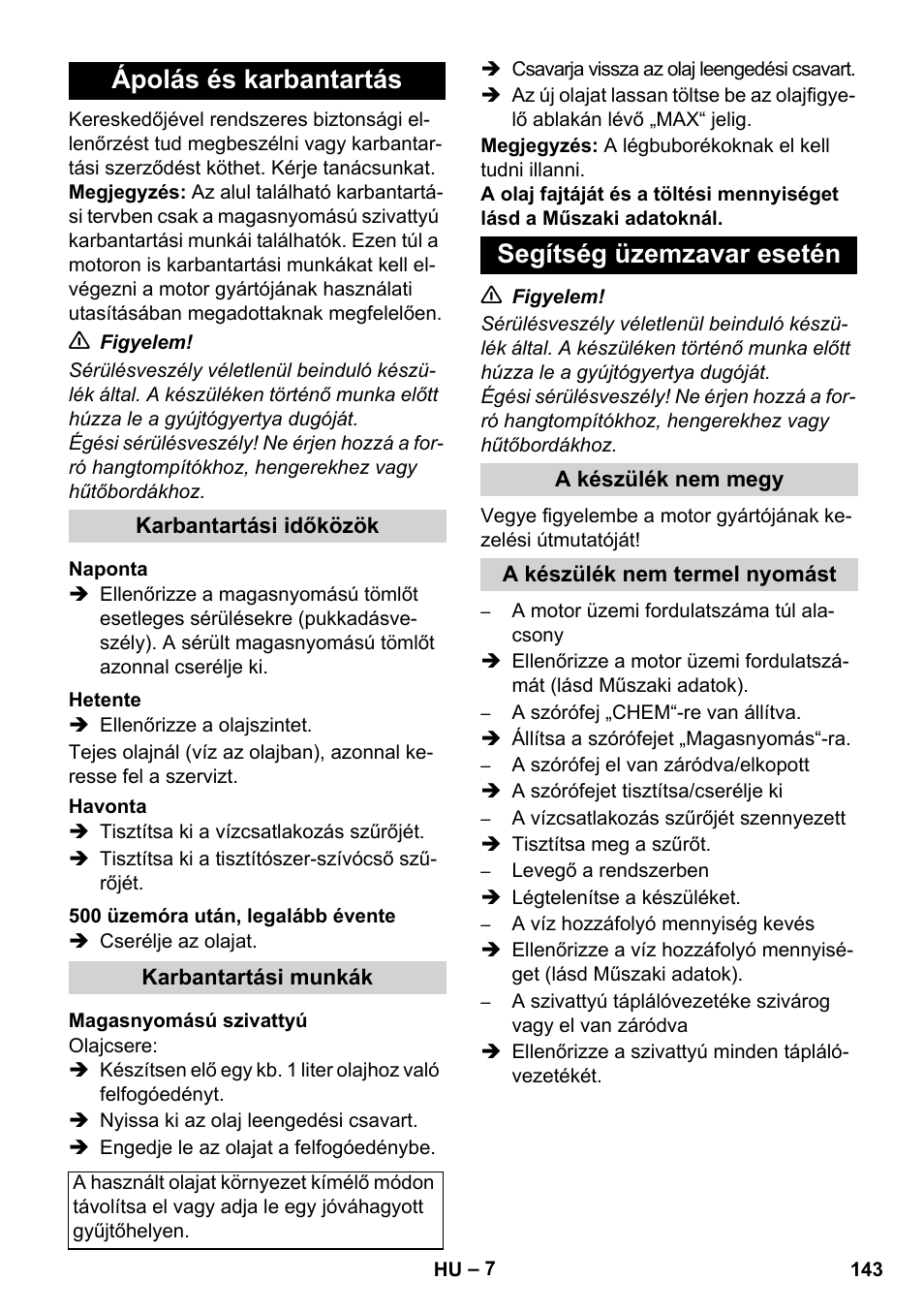 Ápolás és karbantartás, Segítség üzemzavar esetén | Karcher HD 1050 B User Manual | Page 143 / 270