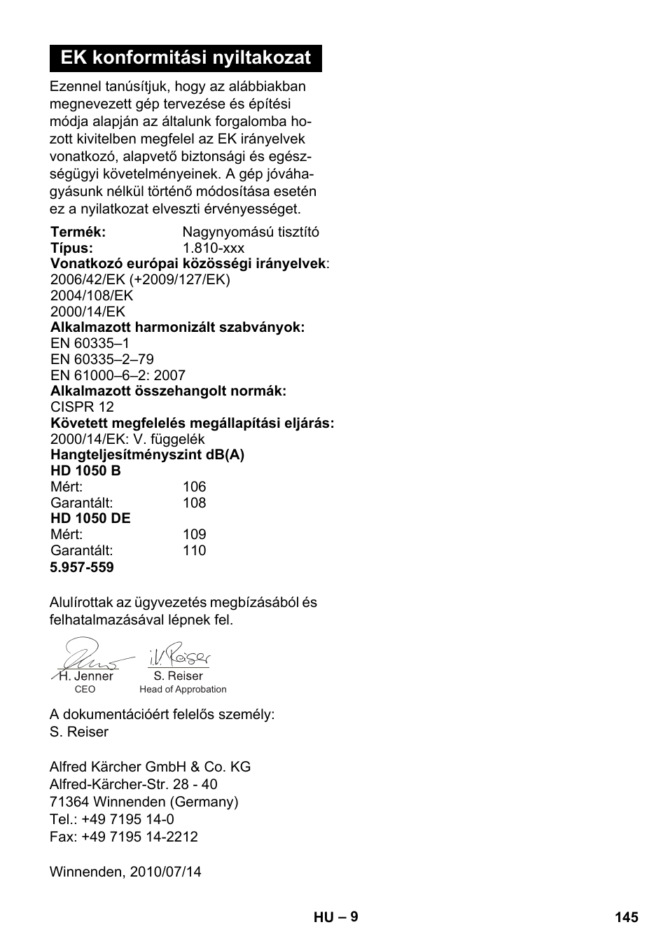 Ek konformitási nyiltakozat | Karcher HD 1050 B User Manual | Page 145 / 270