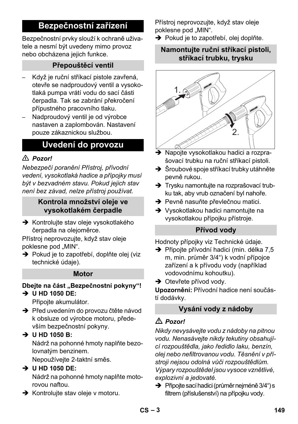 Bezpečnostní zařízení, Uvedení do provozu | Karcher HD 1050 B User Manual | Page 149 / 270