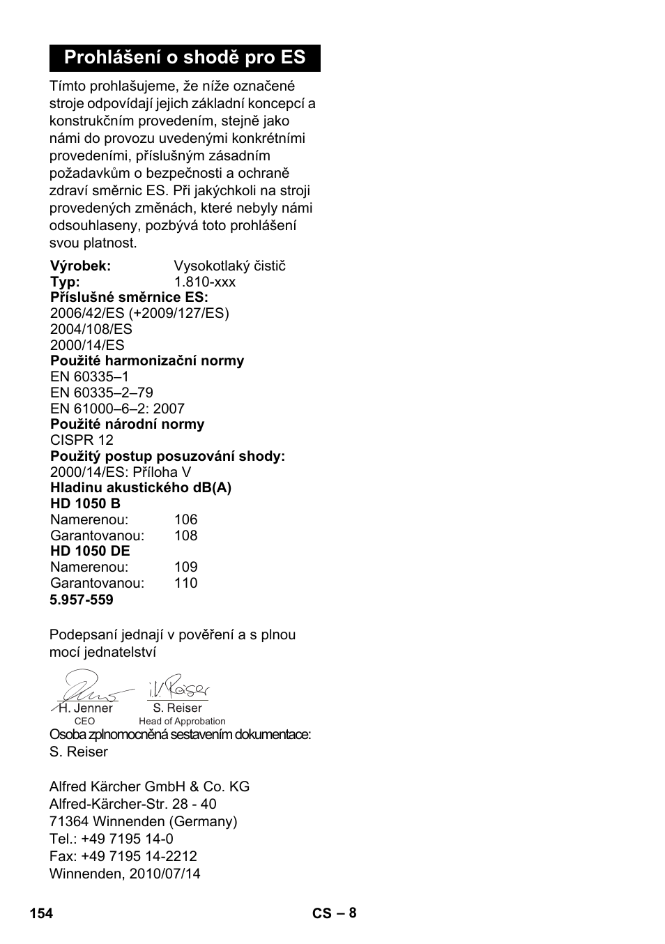 Prohlášení o shodě pro es | Karcher HD 1050 B User Manual | Page 154 / 270