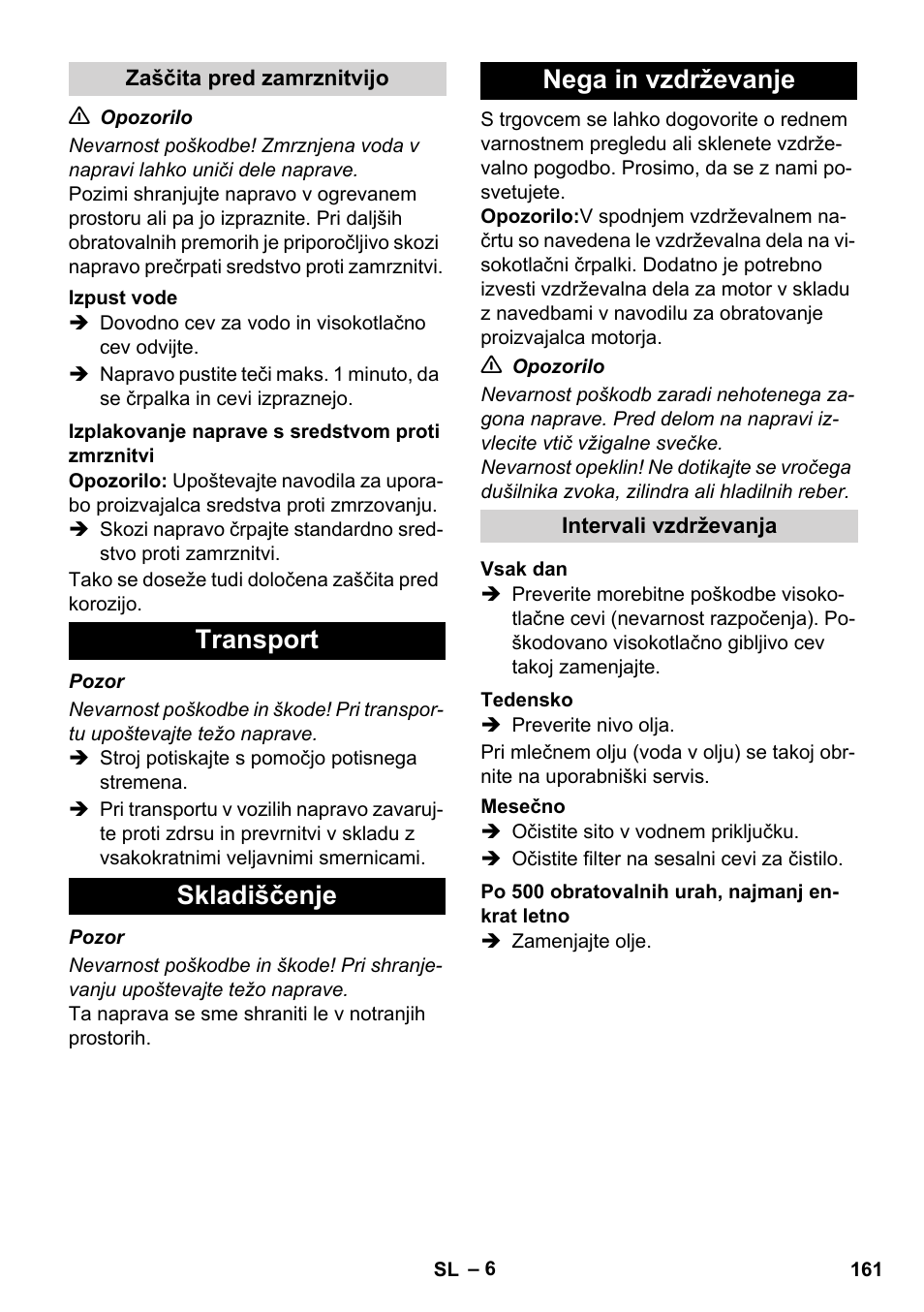 Transport skladiščenje nega in vzdrževanje | Karcher HD 1050 B User Manual | Page 161 / 270