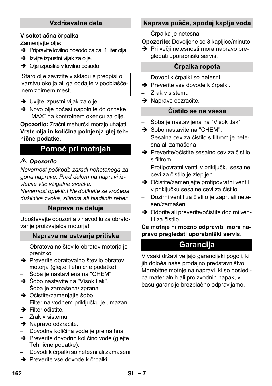 Pomoč pri motnjah, Garancija | Karcher HD 1050 B User Manual | Page 162 / 270