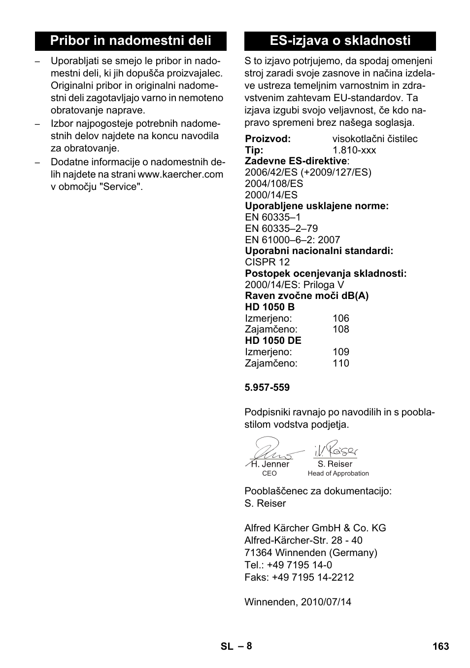 Pribor in nadomestni deli es-izjava o skladnosti | Karcher HD 1050 B User Manual | Page 163 / 270