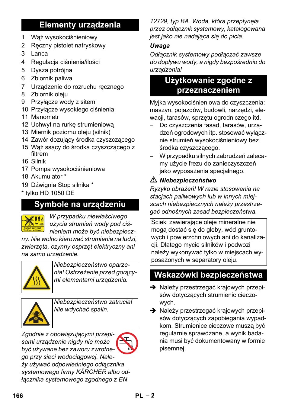 Elementy urządzenia symbole na urządzeniu, Użytkowanie zgodne z przeznaczeniem, Wskazówki bezpieczeństwa | Karcher HD 1050 B User Manual | Page 166 / 270