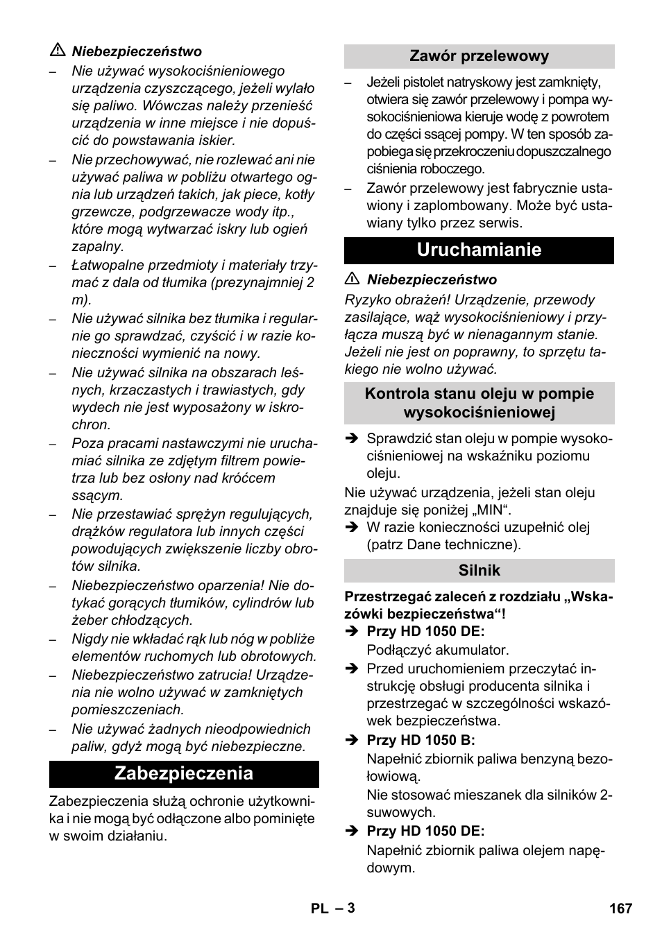 Zabezpieczenia, Uruchamianie | Karcher HD 1050 B User Manual | Page 167 / 270