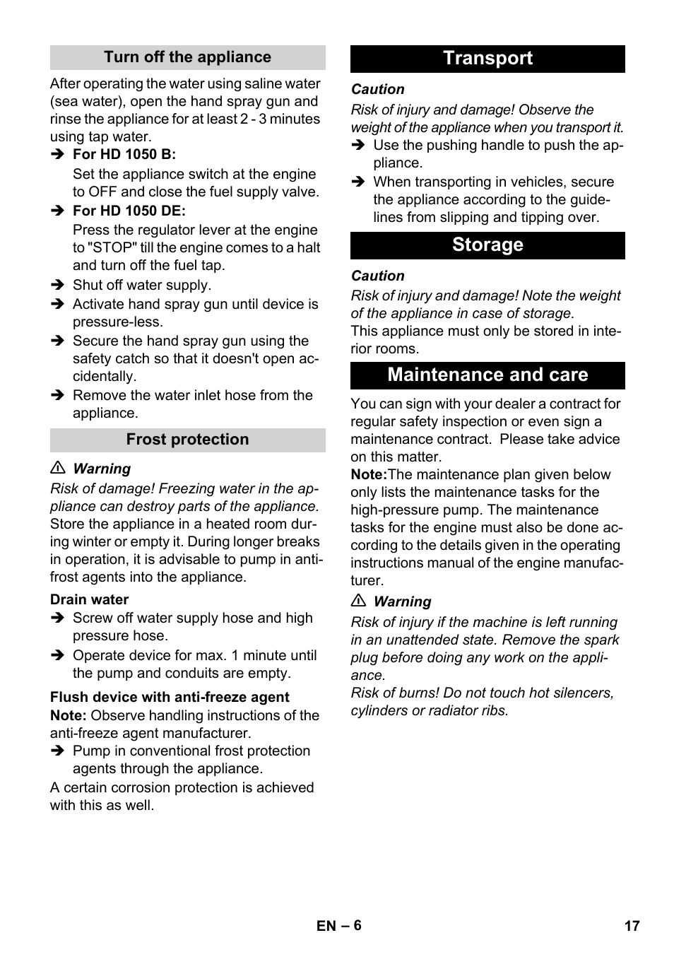Transport storage maintenance and care | Karcher HD 1050 B User Manual | Page 17 / 270