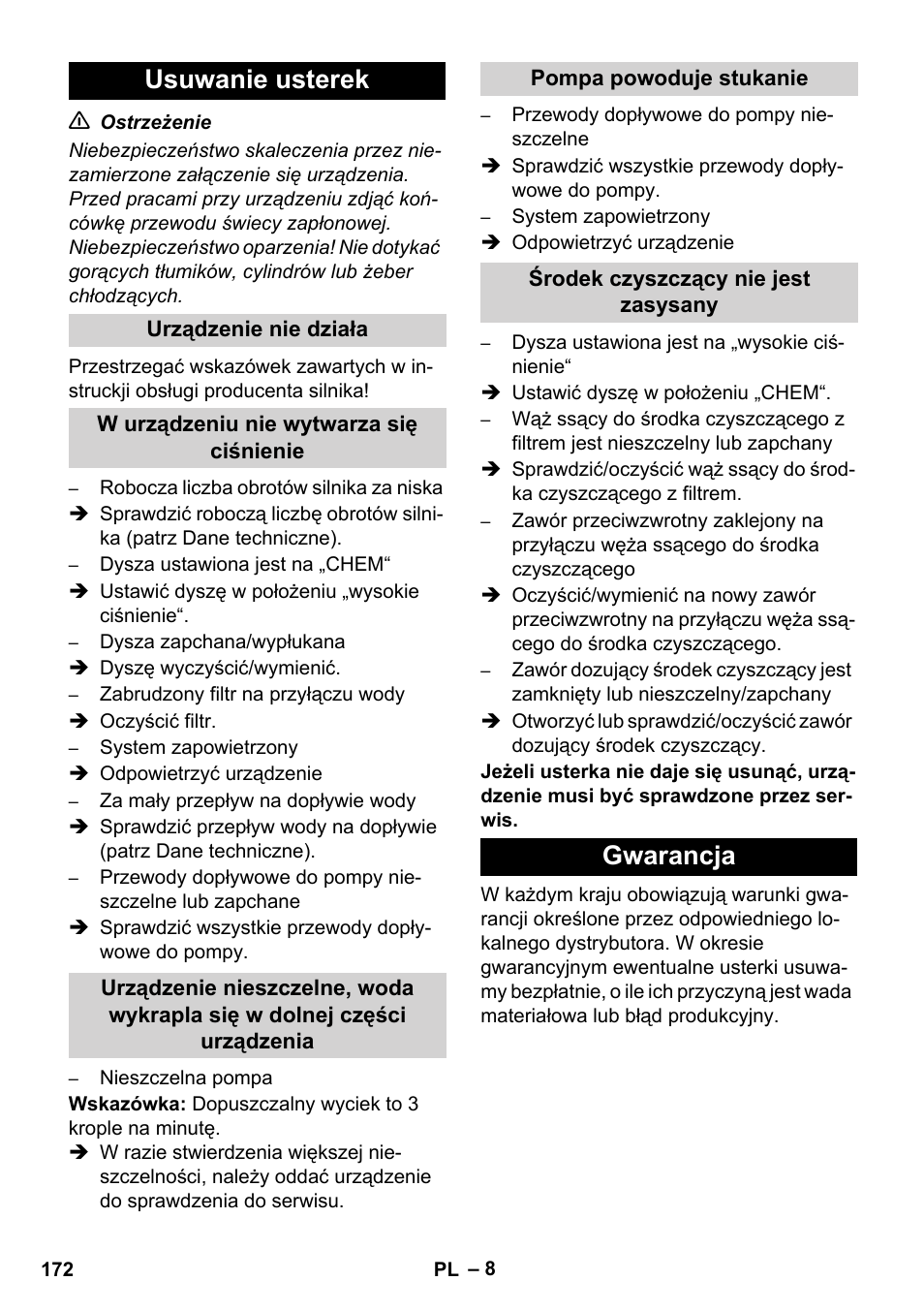 Usuwanie usterek, Gwarancja | Karcher HD 1050 B User Manual | Page 172 / 270