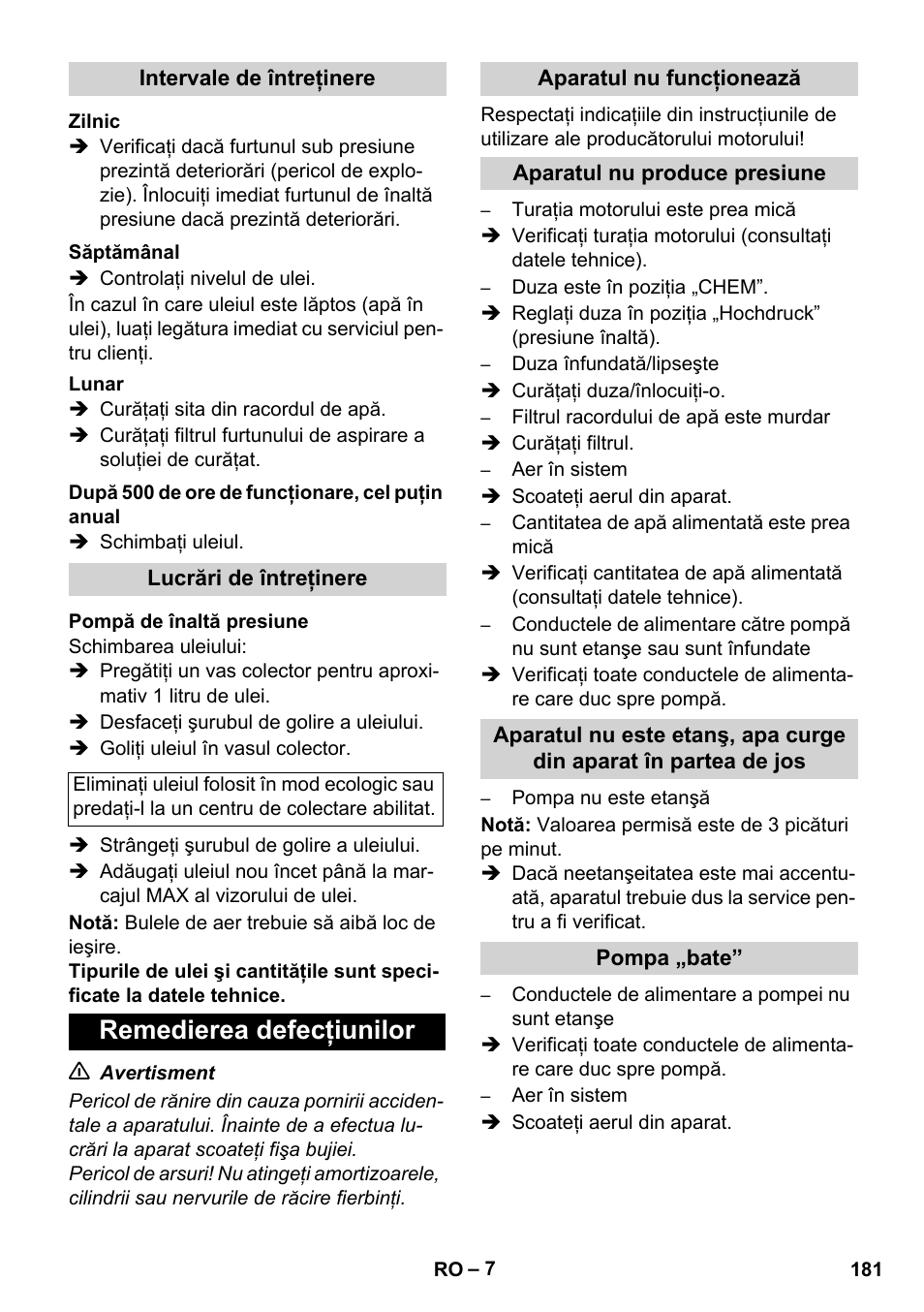 Remedierea defecţiunilor | Karcher HD 1050 B User Manual | Page 181 / 270
