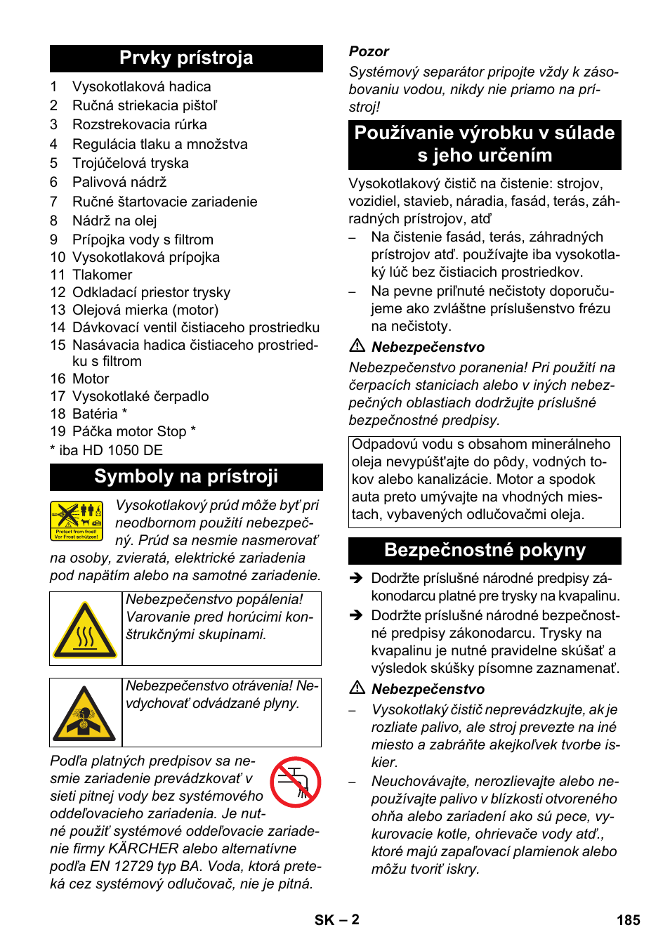 Prvky prístroja symboly na prístroji, Používanie výrobku v súlade s jeho určením, Bezpečnostné pokyny | Karcher HD 1050 B User Manual | Page 185 / 270