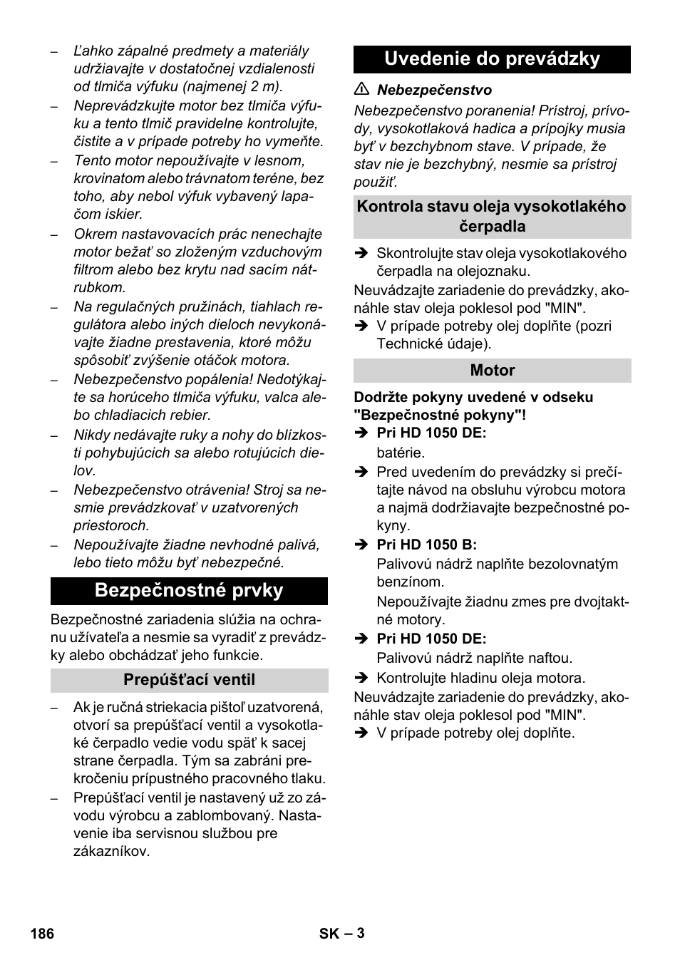 Bezpečnostné prvky, Uvedenie do prevádzky | Karcher HD 1050 B User Manual | Page 186 / 270