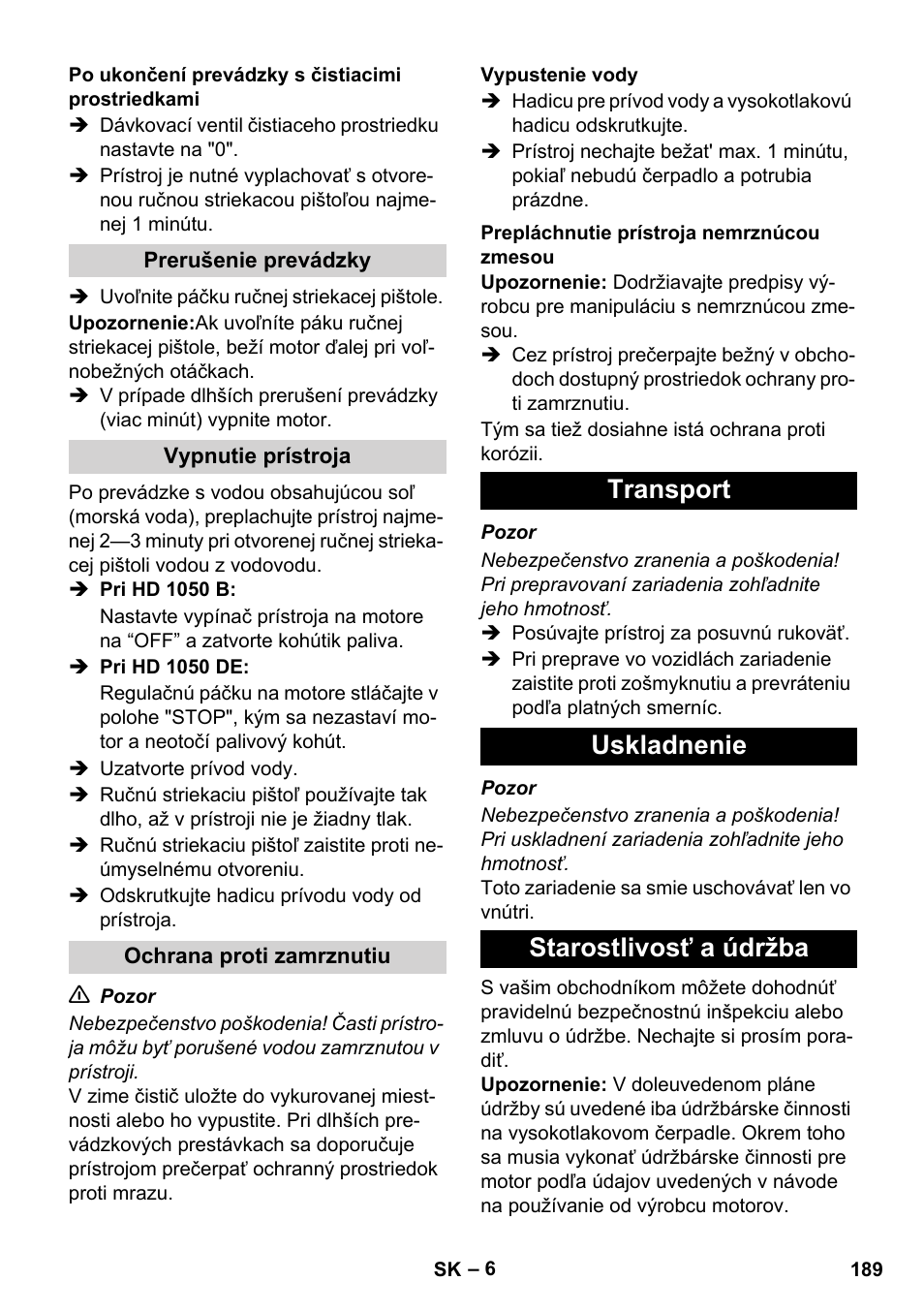 Transport uskladnenie starostlivosť a údržba | Karcher HD 1050 B User Manual | Page 189 / 270