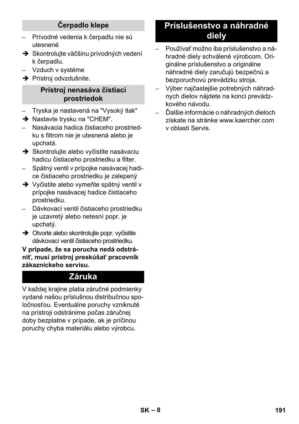 Záruka príslušenstvo a náhradné diely | Karcher HD 1050 B User Manual | Page 191 / 270