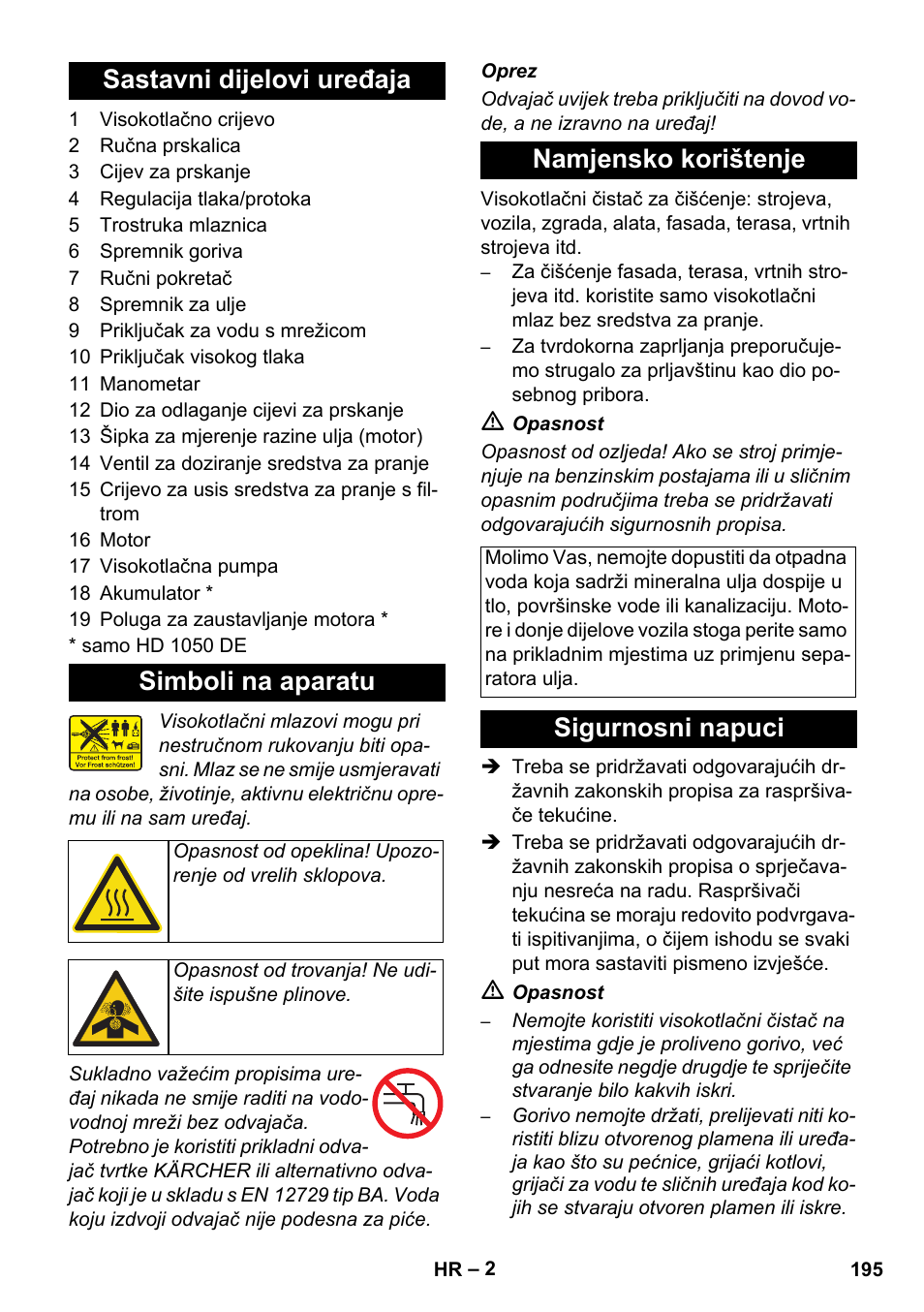 Sastavni dijelovi uređaja simboli na aparatu, Namjensko korištenje, Sigurnosni napuci | Karcher HD 1050 B User Manual | Page 195 / 270