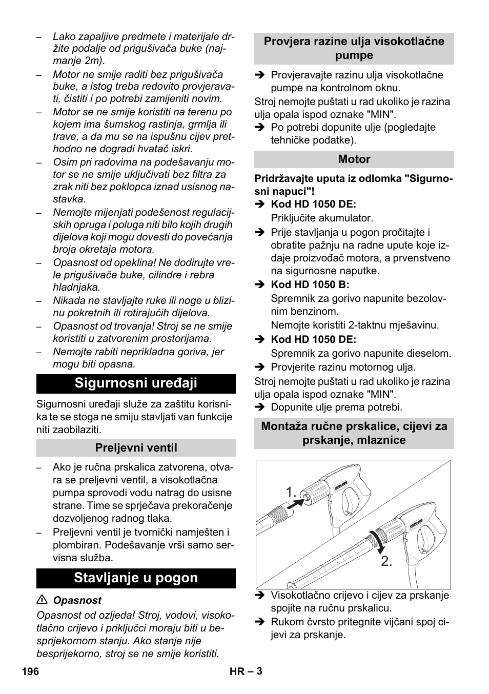 Sigurnosni uređaji, Stavljanje u pogon | Karcher HD 1050 B User Manual | Page 196 / 270