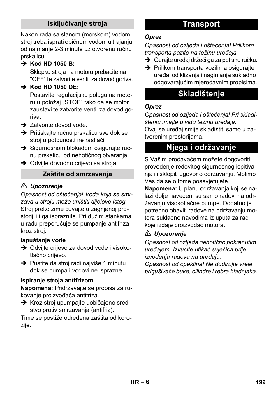 Transport skladištenje njega i održavanje | Karcher HD 1050 B User Manual | Page 199 / 270