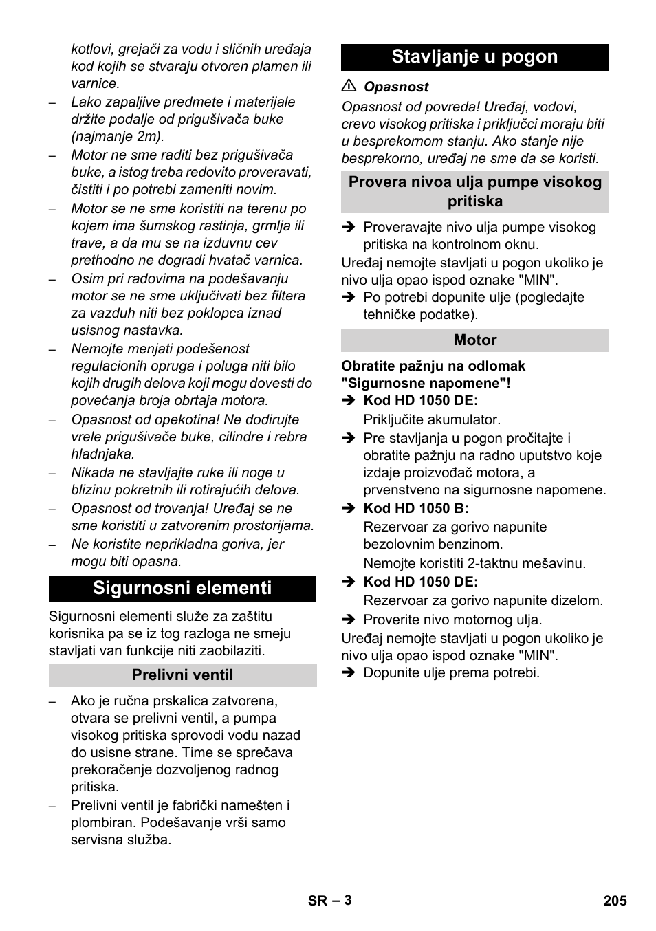 Sigurnosni elementi, Stavljanje u pogon | Karcher HD 1050 B User Manual | Page 205 / 270
