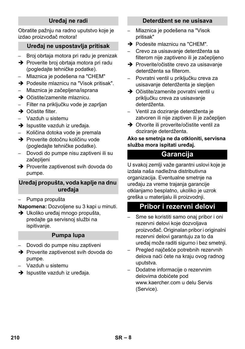 Garancija pribor i rezervni delovi | Karcher HD 1050 B User Manual | Page 210 / 270
