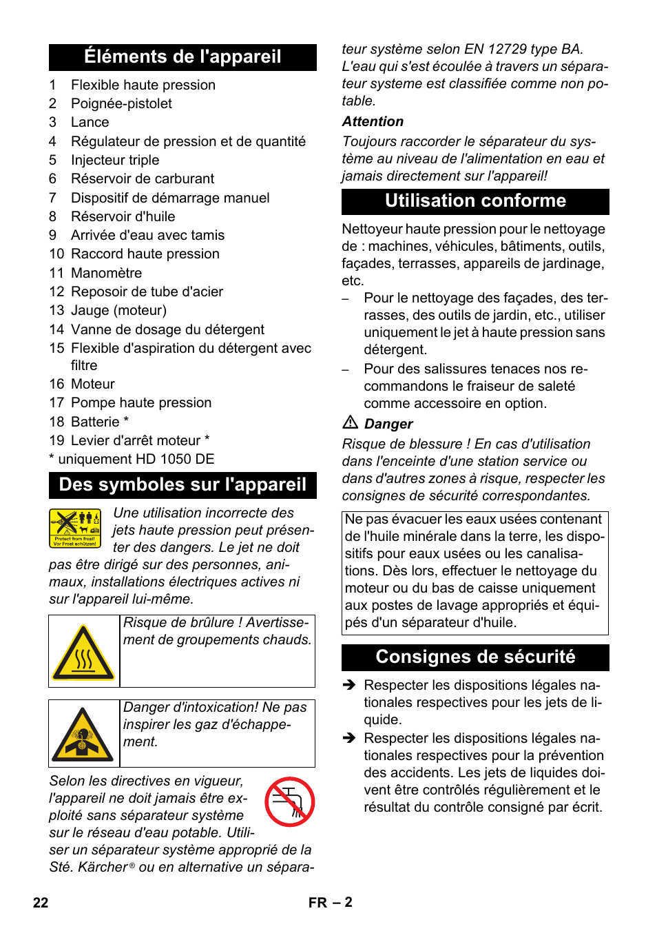 Éléments de l'appareil des symboles sur l'appareil, Utilisation conforme, Consignes de sécurité | Karcher HD 1050 B User Manual | Page 22 / 270