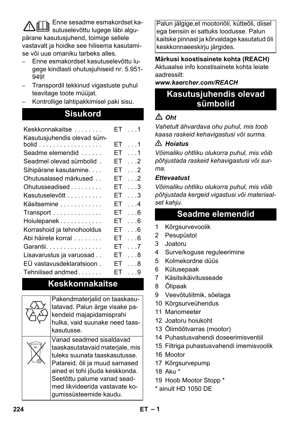 Eesti, Sisukord, Keskkonnakaitse | Kasutusjuhendis olevad sümbolid seadme elemendid | Karcher HD 1050 B User Manual | Page 224 / 270