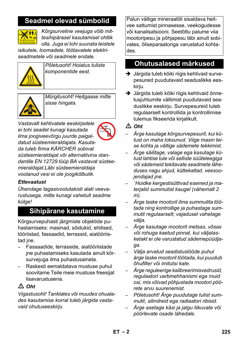 Seadmel olevad sümbolid, Sihipärane kasutamine, Ohutusalased märkused | Karcher HD 1050 B User Manual | Page 225 / 270