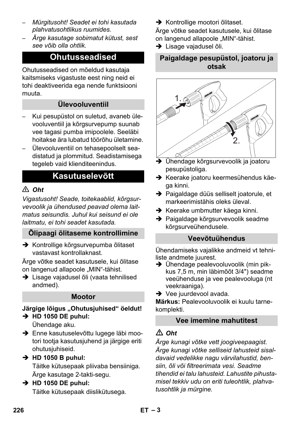 Ohutusseadised, Kasutuselevõtt | Karcher HD 1050 B User Manual | Page 226 / 270