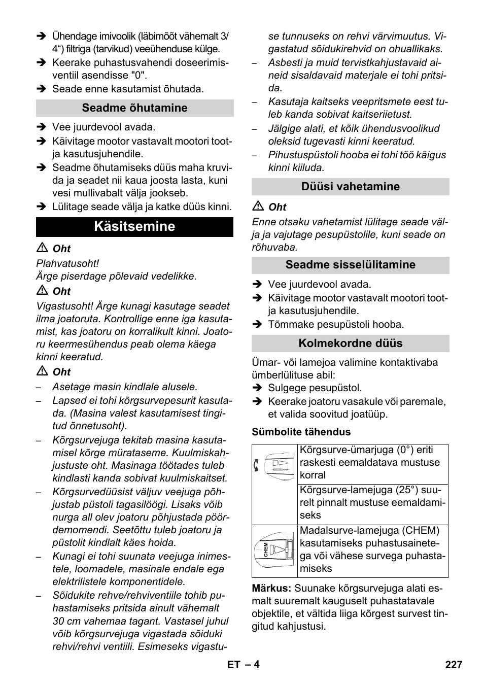 Käsitsemine | Karcher HD 1050 B User Manual | Page 227 / 270