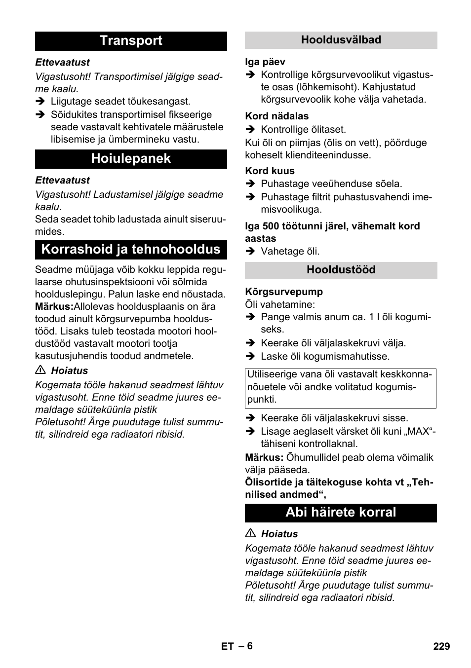 Transport hoiulepanek korrashoid ja tehnohooldus, Abi häirete korral | Karcher HD 1050 B User Manual | Page 229 / 270