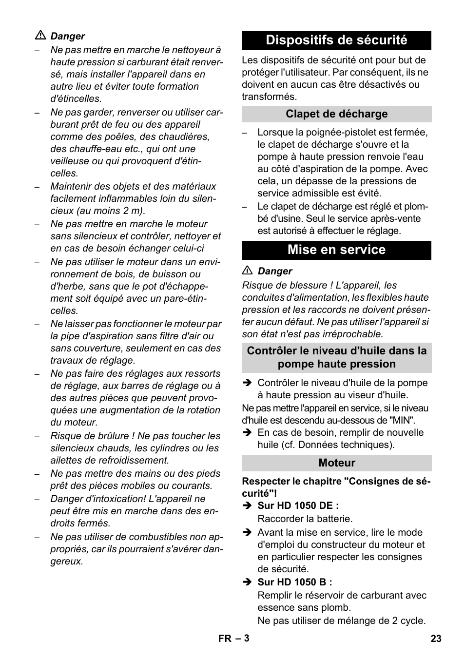 Dispositifs de sécurité, Mise en service | Karcher HD 1050 B User Manual | Page 23 / 270