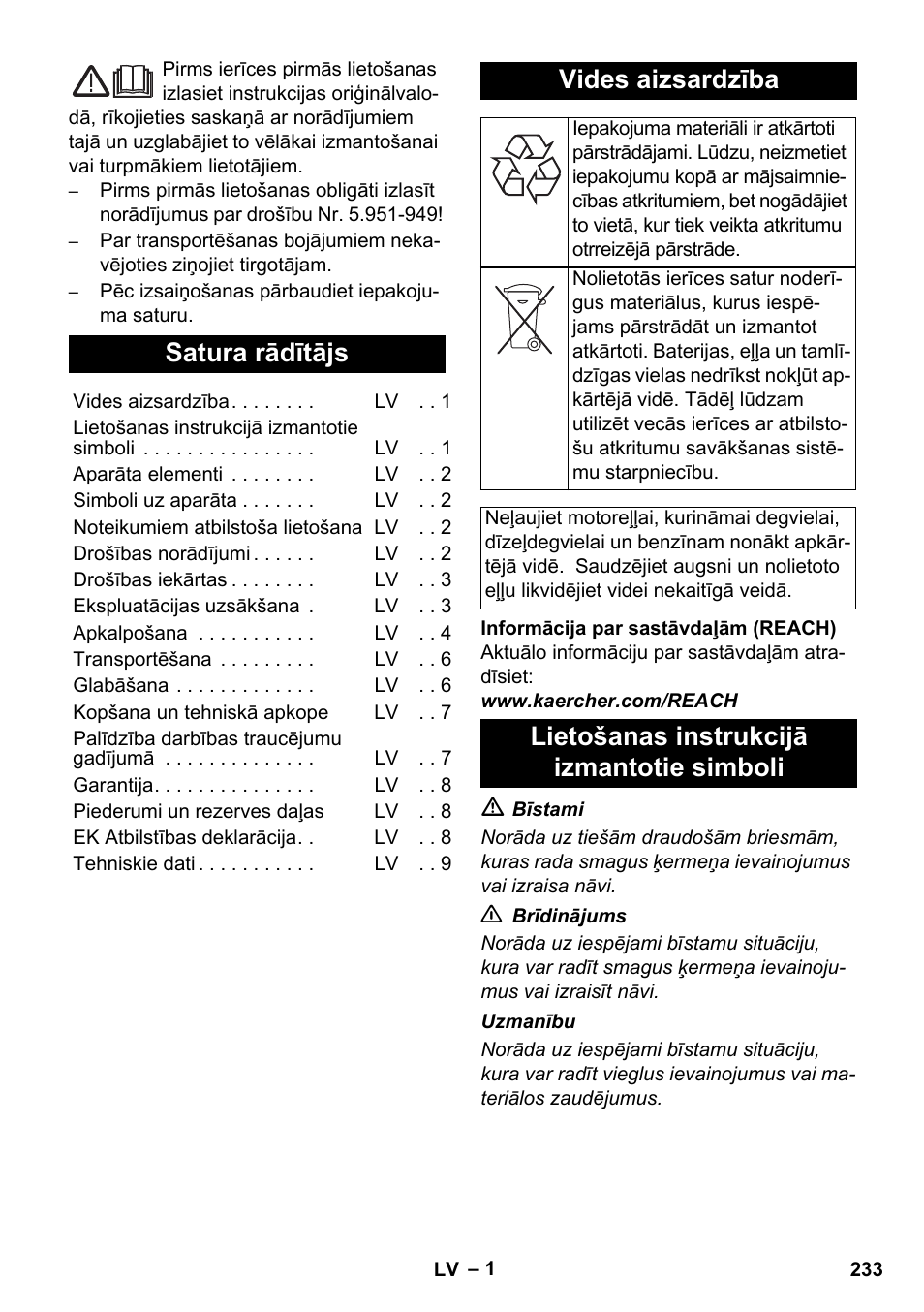 Latviešu, Satura rādītājs, Vides aizsardzība | Lietošanas instrukcijā izmantotie simboli | Karcher HD 1050 B User Manual | Page 233 / 270