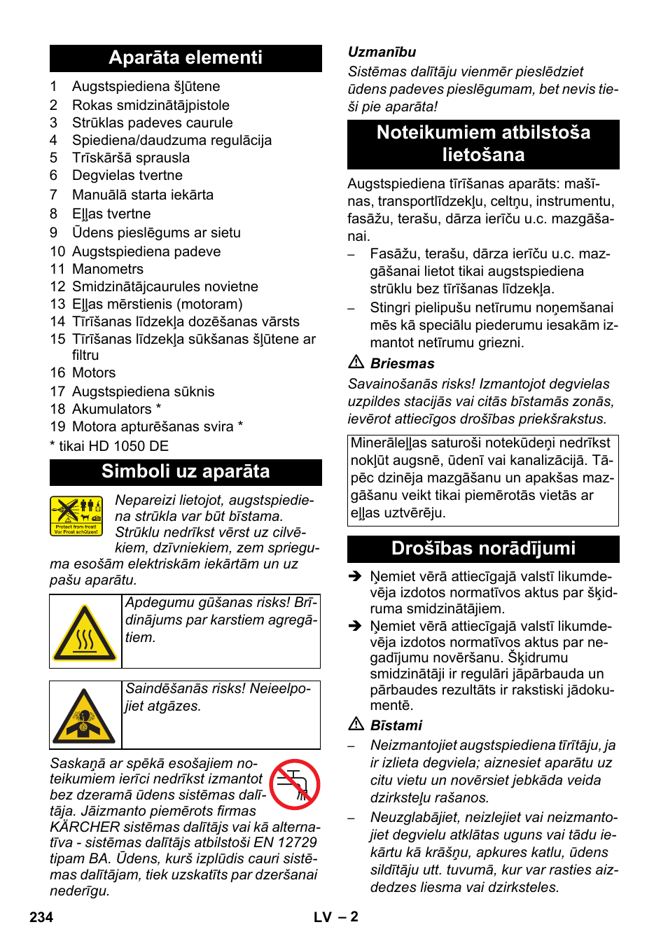 Aparāta elementi simboli uz aparāta, Drošības norādījumi | Karcher HD 1050 B User Manual | Page 234 / 270