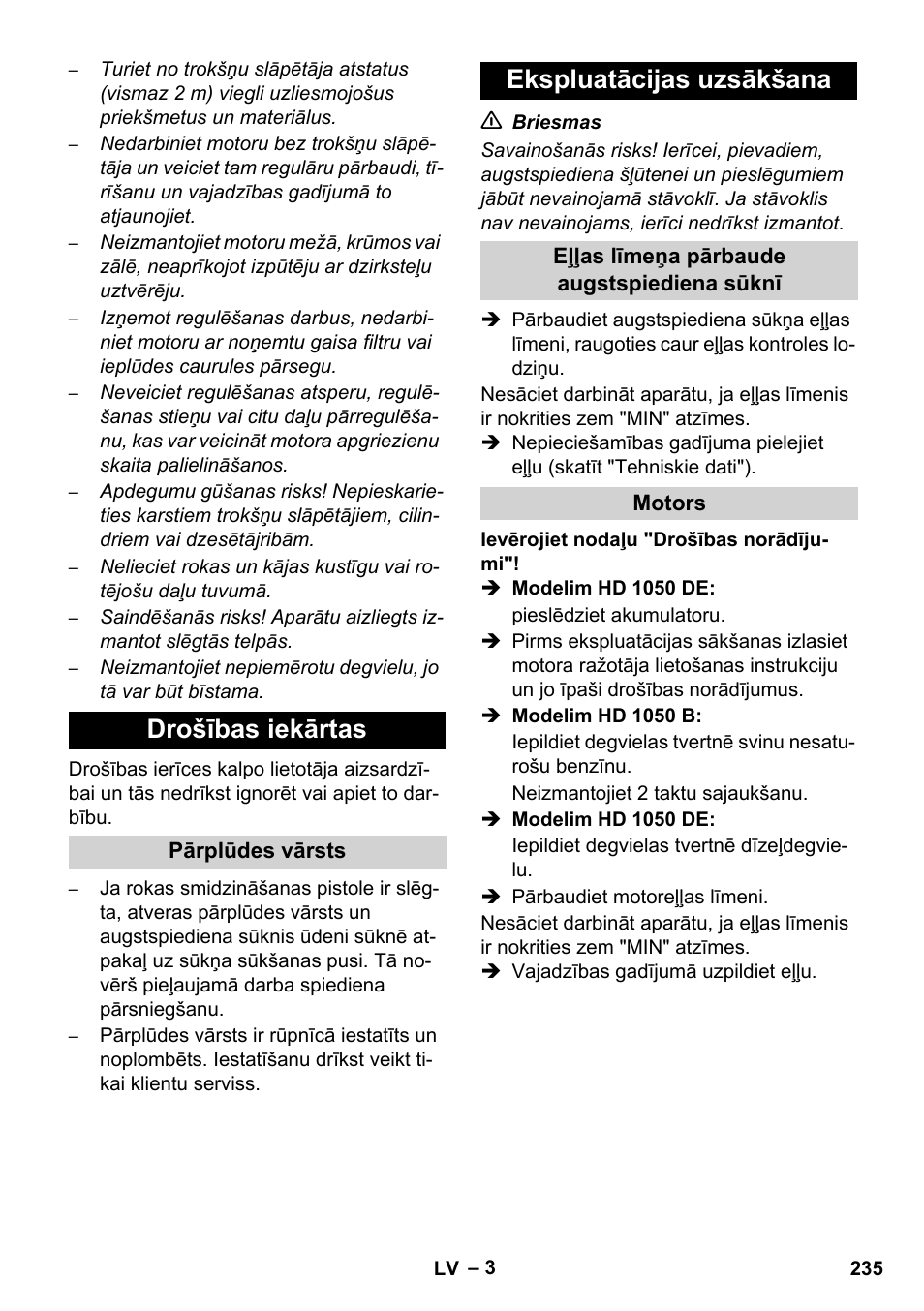 Drošības iekārtas, Ekspluatācijas uzsākšana | Karcher HD 1050 B User Manual | Page 235 / 270
