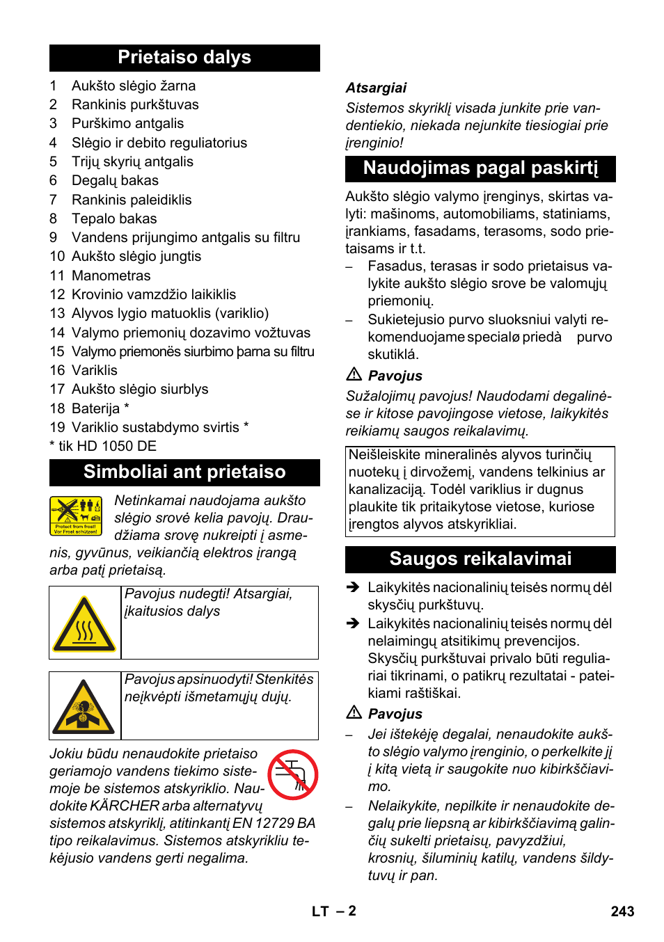 Prietaiso dalys simboliai ant prietaiso, Naudojimas pagal paskirtį, Saugos reikalavimai | Karcher HD 1050 B User Manual | Page 243 / 270
