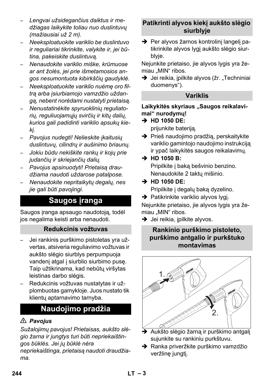 Saugos įranga, Naudojimo pradžia | Karcher HD 1050 B User Manual | Page 244 / 270