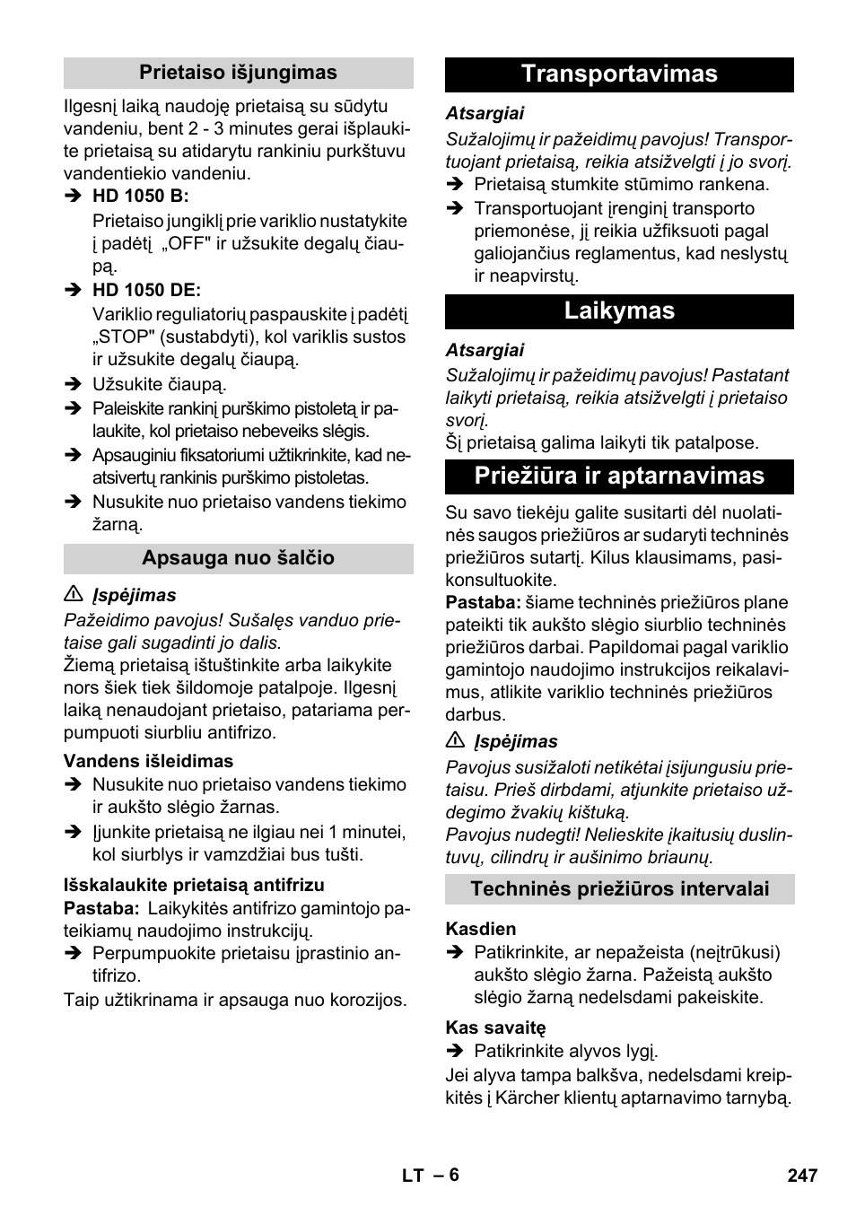 Transportavimas laikymas priežiūra ir aptarnavimas | Karcher HD 1050 B User Manual | Page 247 / 270