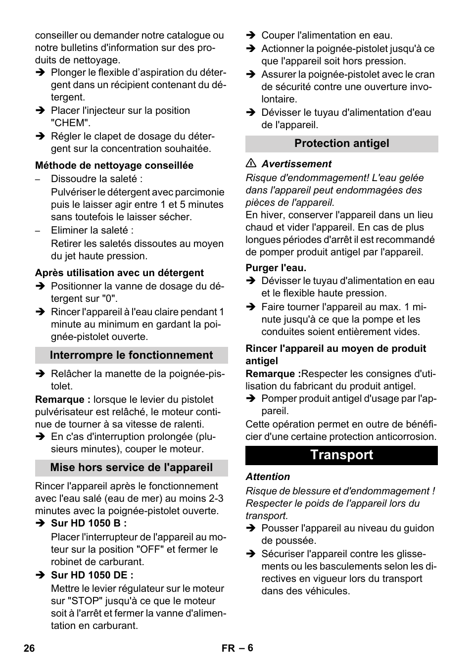 Transport | Karcher HD 1050 B User Manual | Page 26 / 270