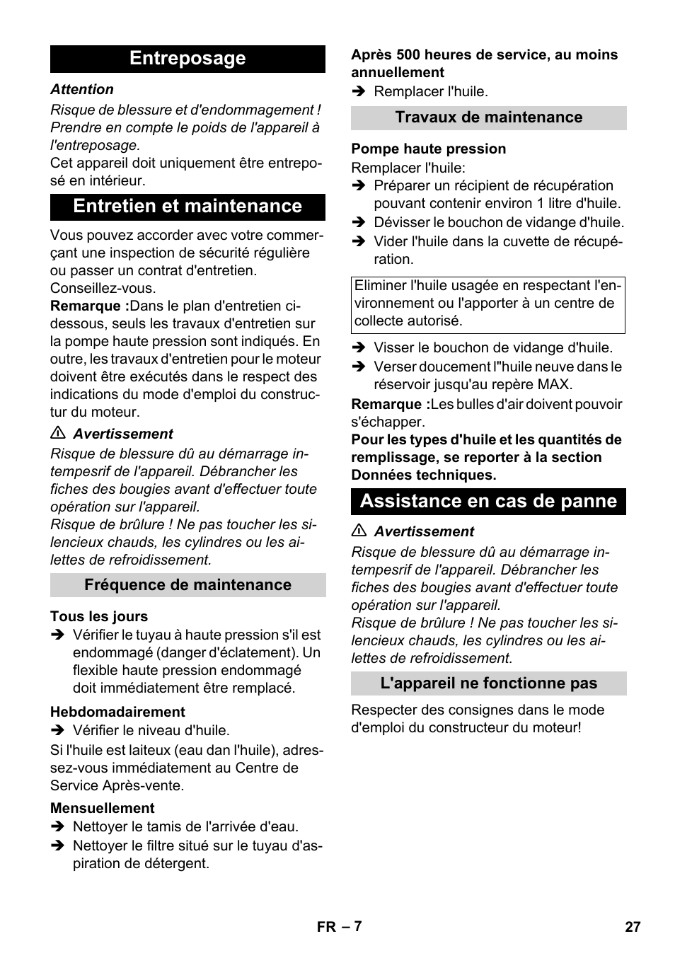 Entreposage entretien et maintenance, Assistance en cas de panne | Karcher HD 1050 B User Manual | Page 27 / 270