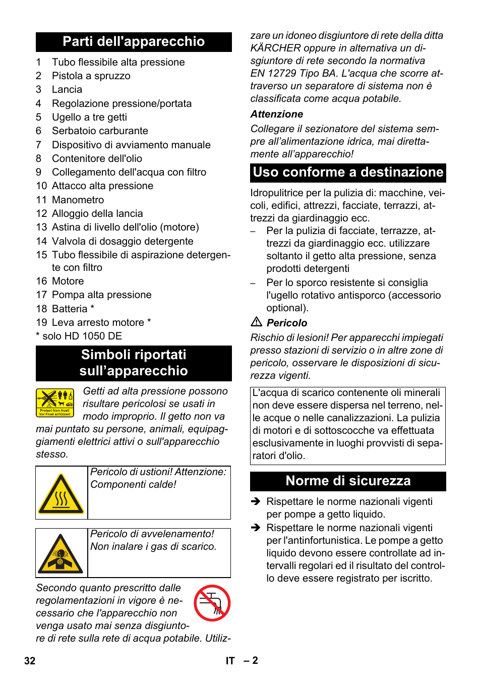 Uso conforme a destinazione, Norme di sicurezza | Karcher HD 1050 B User Manual | Page 32 / 270