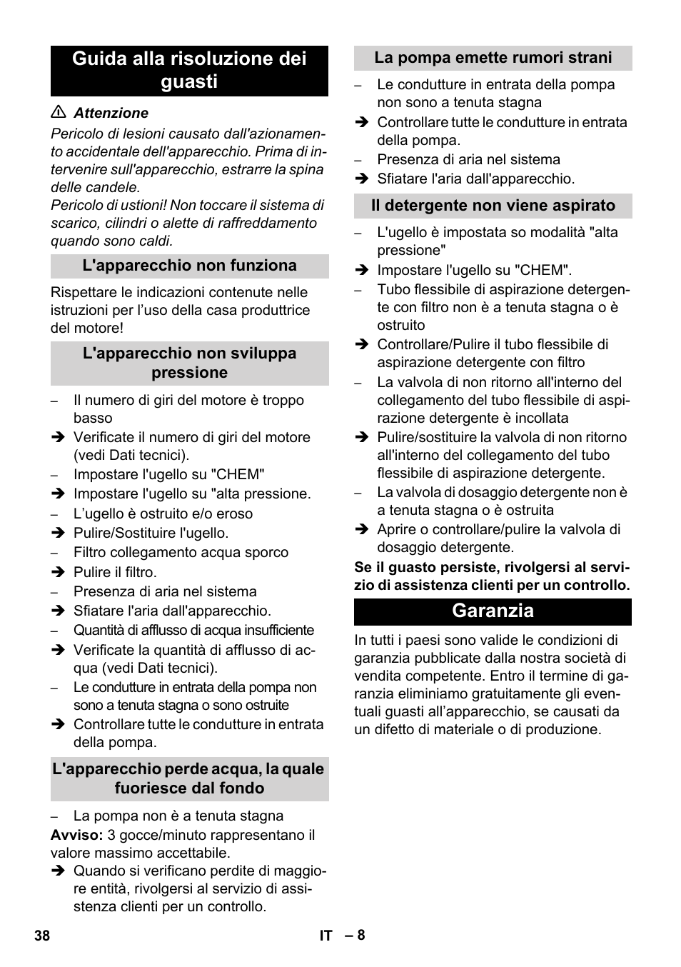 Guida alla risoluzione dei guasti, Garanzia | Karcher HD 1050 B User Manual | Page 38 / 270
